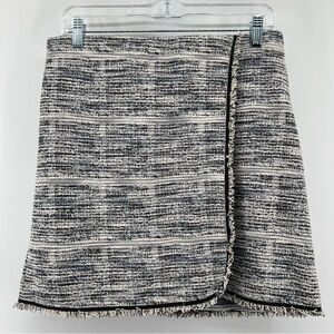 Max Studio Tweed Faux Wrap Mini Skirt Medium Fringe Navy Black White